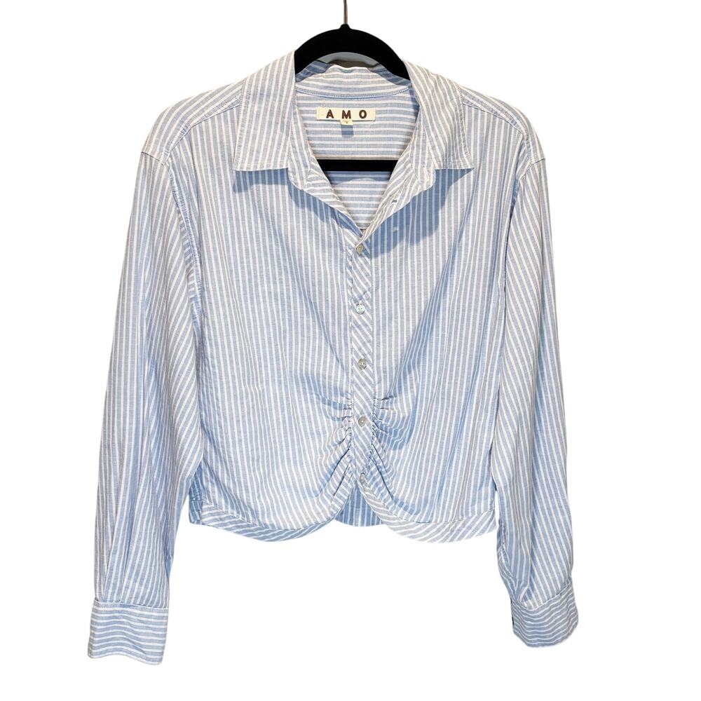 AMO Striped Linen Blend Cropped Long Sleeve Button Down Shirt - size Small